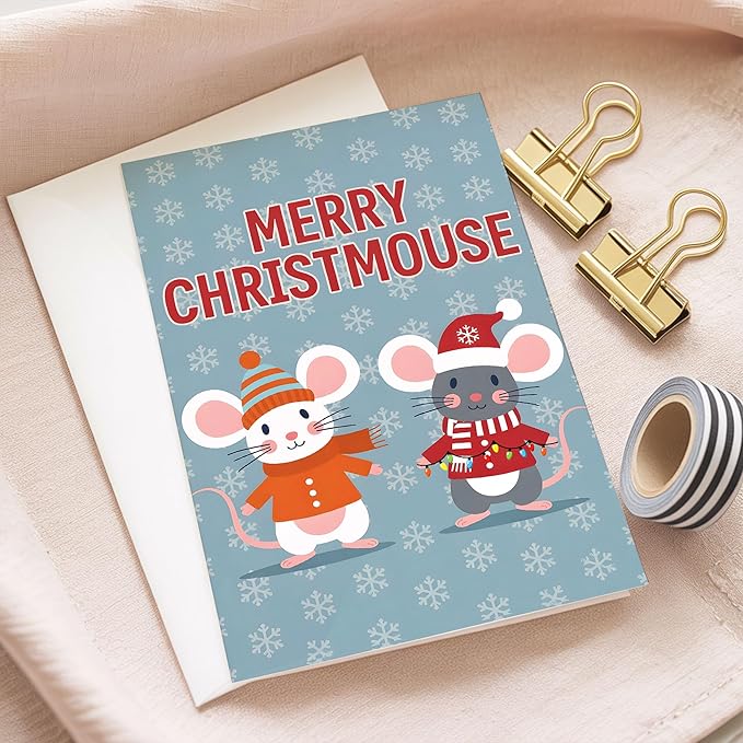 (5.3x8in) Merry Christmouse Card with Envelope, Cute Funny Christmas Mouse Greeting, Adorable Winter Holiday Card with Cartoon Mice Design for Friends, Family, and Kids (Xmas 25)
