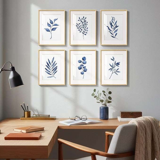 Framed Minimalist Botanical Wall Art, Set of 6 Blue Floral Leaf Painting Prints Artwork for Walls, Navy Blue Flowers Watercolor Plant Pictures for Bedroom Dining Room Hallway Office Home Decor, 11x14