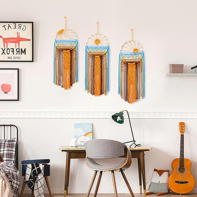 3 Pack Macrame Wall Hanging Tapestry Sunrise Sunset Wall Art Set, Hand Woven Boho Tapestries Colorful Sun Wall Decor for Bedroom Living Room Apartment (3 Pcs)