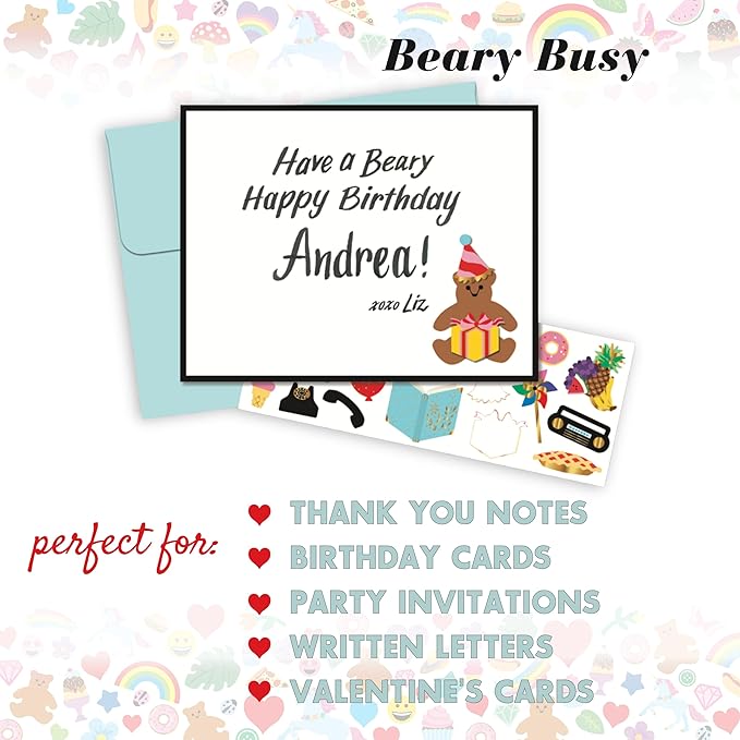 Mrs. Grossman's Design Your Own Sticker Notecards Card Making Kit - includes 8 Cards, Envelopes, and Classic Stickers - Create DIY Thank You, Birthday, Greeting Cards (Beary Busy)