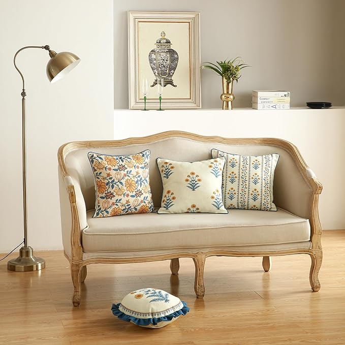 ISAENNE Design Simple Elegant Linen Throw Pillow Covers Set of 4, Blue Yellow Floral Pattern Cushion Covers Decor Lumbar Round Square Pillowcases for Bed,Living Room,Outdoor,Car