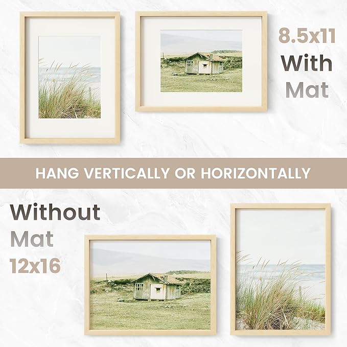 12x16 Picture Frame, USA-Sourced Natural Maple Wood Photo Collage Frame with HD Tempered Glass, Modern Simple 12 x 16 Wooden Frame Matted to 8.5x11, Vertical & Horizontal Wall Hanging Display