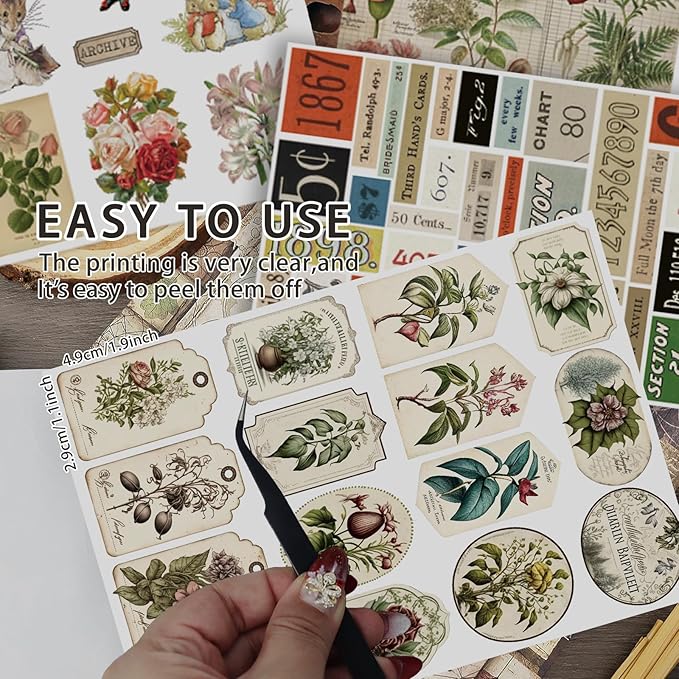 Vintage Sticker Book, 32 Sheets 496 Pcs Vintage Aesthetics Stickers & 20 Sheets Washi Paper for Journaling Scrapbooking Bullet Journals Planners Letter Card Making