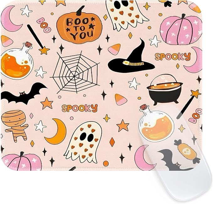 Seorsok Cute Ghost Mouse Mat,Halloween Pumpkin Decor Mouse Pads for Office Laptop,Washable Square Cute Mousepads with Extended Stitched Edges Non Slip Rubber Base 9.5"x7.8"x0.12" Inch,Pink