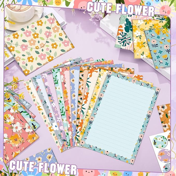 TaoBary 160 Pcs Stationery Paper Set 50 Double Sided Stationery Papers with 50 Matching Envelopes and 60 Round Dot Sticker, 10 Design(Kawaii,5.5 x 8.25 Inch)