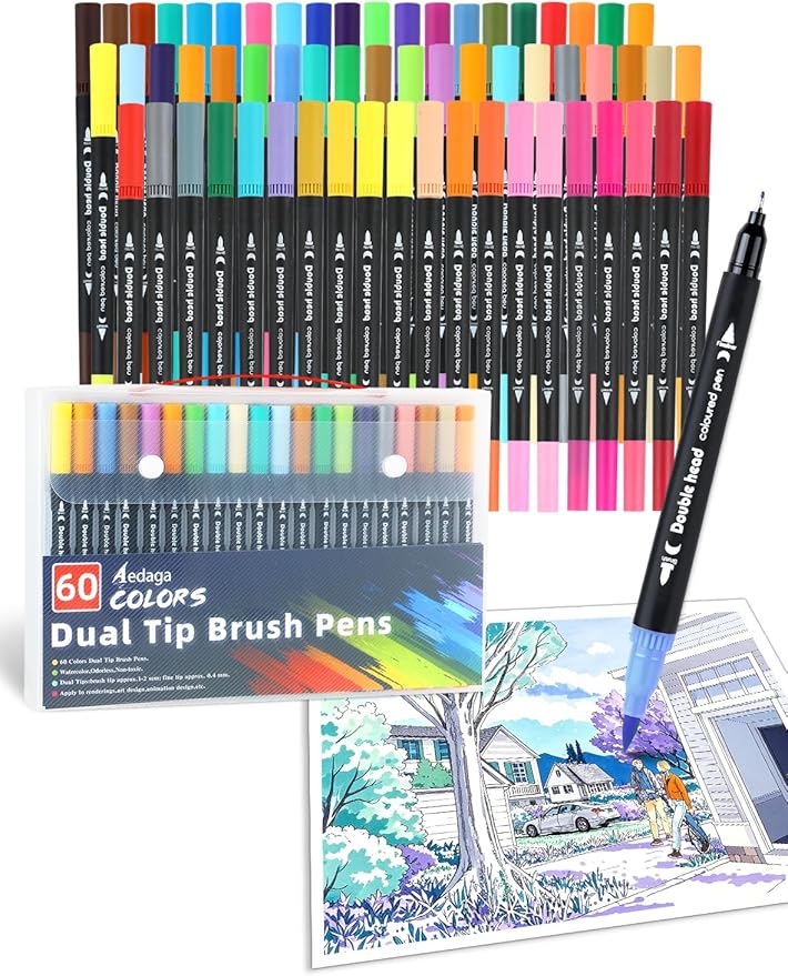 60 Colors Dual Tip Brush Pens, Fine Felt Tip and Brush Tips Colored Pens for Adults and Kids, Coloring Markers for Coloring Book Bullet Journaling Note Taking Hand Lettering