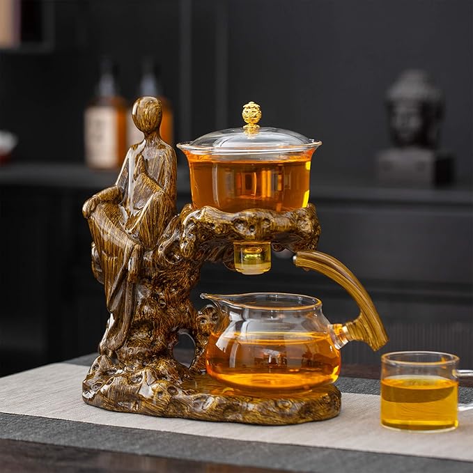 Semi Automatic Teapot Set, Glass Teapot Set with Strainer Kungfu Tea Sets (Meditation-brown)