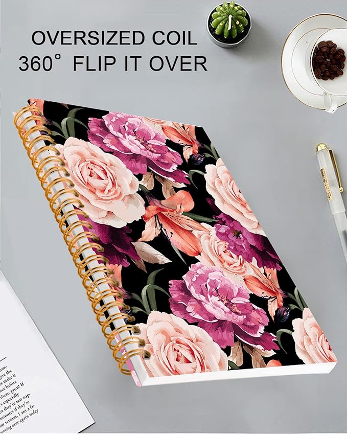 iampanda Spiral Journal Notebook,Strong Twin-Wire Binding with Premium Paper for Girl Women,Fashion 60 Sheets A5 College Ruled Notebook/Journal,Perfect for School Office Home Gifts,Black Pink Rose