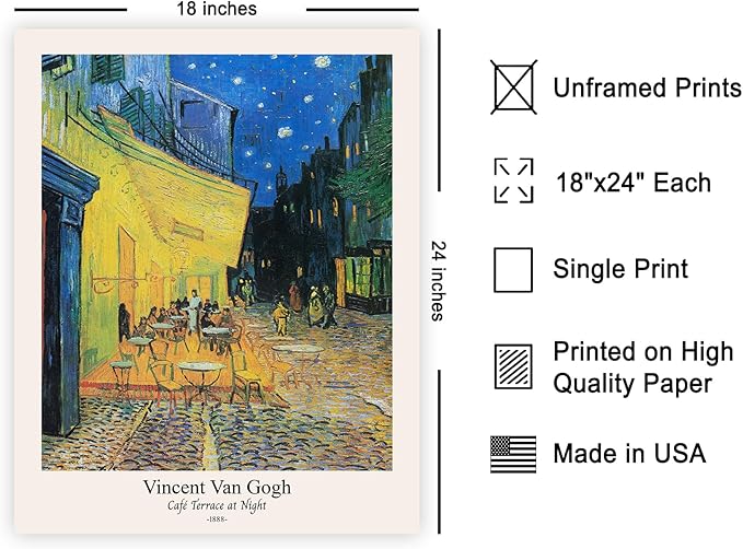 Monem Art Vintage Van Gogh Poster - Retro Cafe Terrace at Night Print - Impressionism Art - Fine Art - Classic Painting Art - Aesthetic Living Room or Bedroom Wall Decor - 18x24 UNFRAMED Wall Art