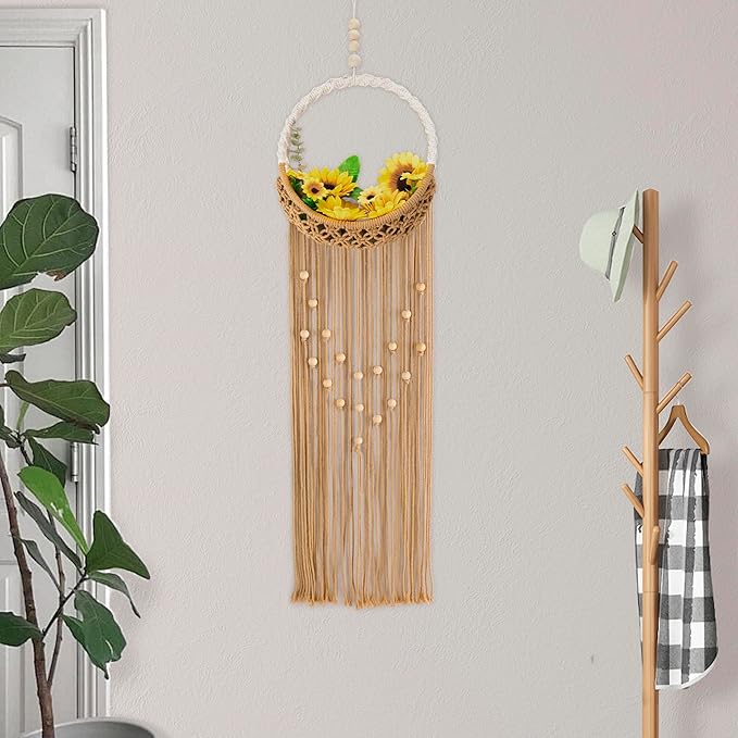 LB Brown Macrame Wall Hanging Holder, Bohemian Macrame Wall Art for Bedroom,Boho Handmade Woven Hanging Plant Shelf Toy Displays Organizer for Living Room Nursery Office 9.84" W x 35.43" L