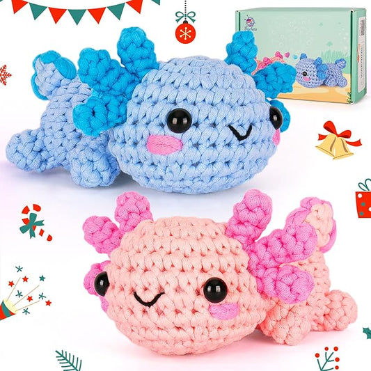 Crochetta Crochet Kit for Beginners, Crochet Starter Kit w Step-by-Step Video Tutorials, Easy Beginner Crochet Kit for Adults, Women & Men, Handmade DIY Gift Complete Kit Included (Axolotl 2Pack)