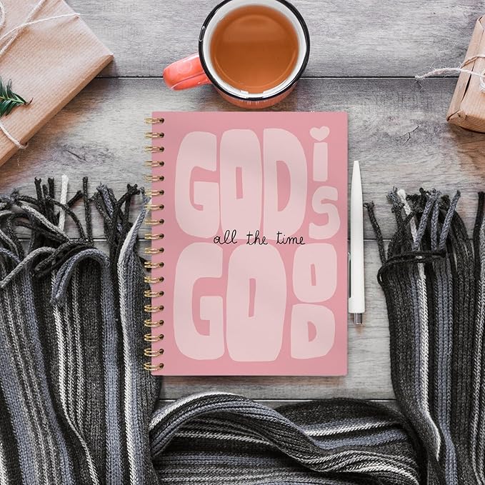 VONTP Pink Christian Spiral Notebook, God Is Good Bible Verse Inspirational Journal for Women, Christian Gifts for Women, Preppy Religious Scripture College Ruled Notebook Journal for Writing, 5.5x8.3