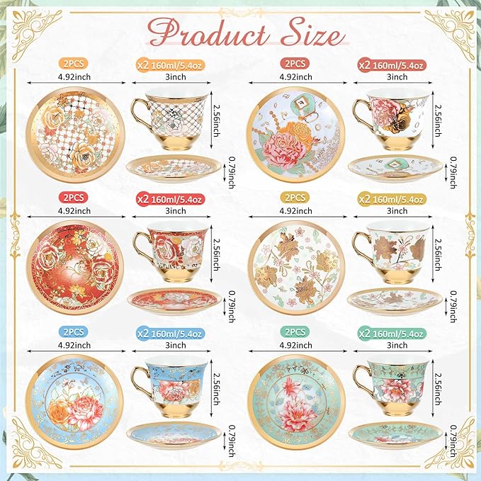 Set of 12 Tea Cups and Saucers Tea Party Decorations Floral Porcelain 5.4 oz British Gift for Women Birthday Party, Church, and Mother's Day (Stylish Style)