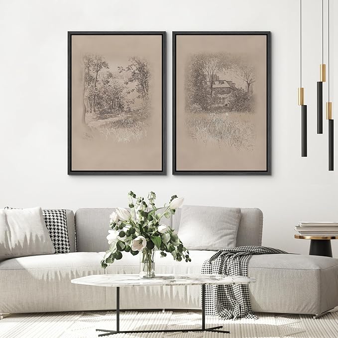SIGNWIN Framed Canvas Print Wall Art Set Countryside Home and Trees Sepia Landscape Drawings Illustrations Modern Art Scenic Colorful for Living Room, Bedroom, Office - 16"x24"x2 Black