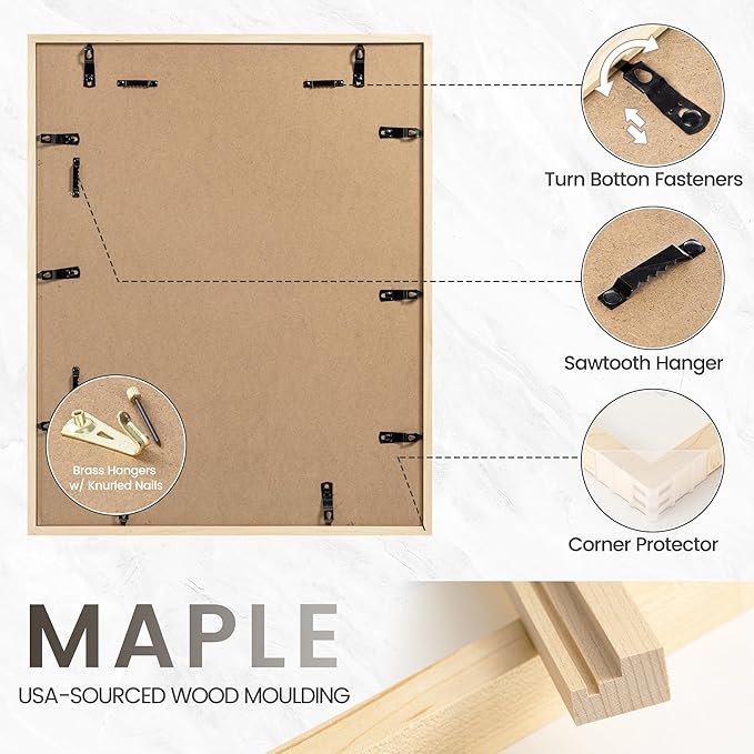 18x24 Poster Frame, USA-Sourced Natural Maple Wood Picture Collage Frame with HD Tempered Glass, Modern Simple 18 x 24 Wooden Photo Frame Matted to 16x20, Vertical & Horizontal Wall Hanging Display