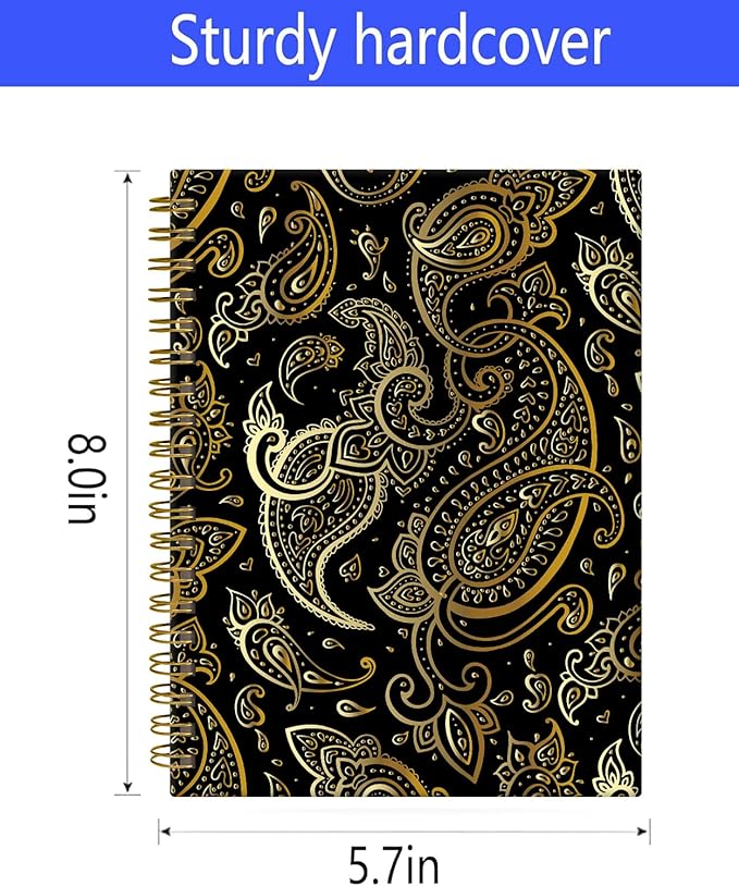 Spiral Journal Notebook,A5 Hardcover Lined Journals for Women 6 x 8.3 in,60 Sheets 120 Pages Thick Paper,Cute College Ruled Writing Notebook for Office Work School(Gold Paisley)