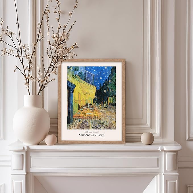 Monem Art Vintage Van Gogh Poster - Retro Impressionist Print - Cafe Terrace at Night, Arles, Stars, Aesthetic - Gift for Artist, Friend - Wall Decor for Home, Office, 8x10 Beige Framed