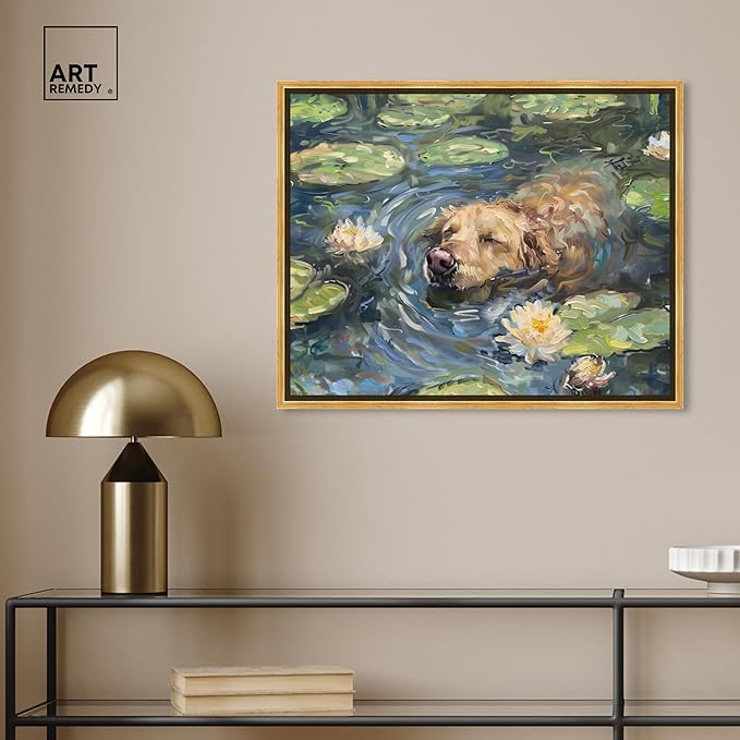 Art Remedy Monet Water Lilies Dog Rustic Chic Farmhouse Canvas Wall Art, Gold Floater Frame, 24"x20"