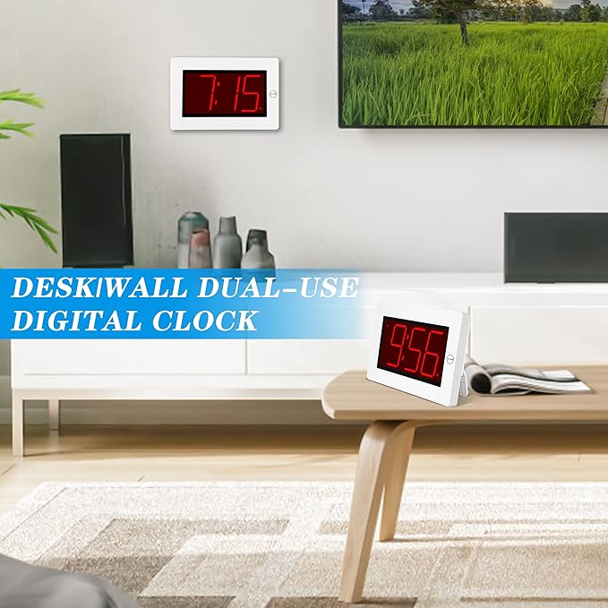 KWANWA Small Wall Clock, Digital Alarm Clock, 8" Extra Large Display, 3" LED Digit Contantly Light Up, Battery Operated, Adjustable Brightness, Clock for Bedroom, Wall-Mounted/Table-top