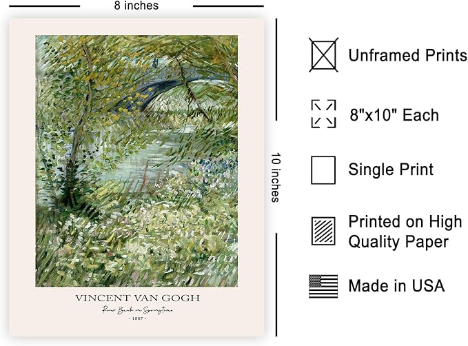 Monem Art Vintage Van Gogh Poster - Retro River Bank in Springtime Print - Impressionism Art - Gift for Men & Women - Landscape Decor for Bedroom, Living Room or Dorm - 8x10 UNFRAMED Wall Art