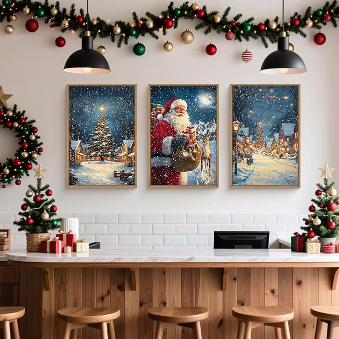 KAIRNE Christmas Wall Art Set of 3, Santa Claus & Reindeer Artwork, Nostalgic Xmas Tree, Winter Village Scene Prints, Festive Holiday Decor for Living Room Bedroom Fireplace, 24×36 inch