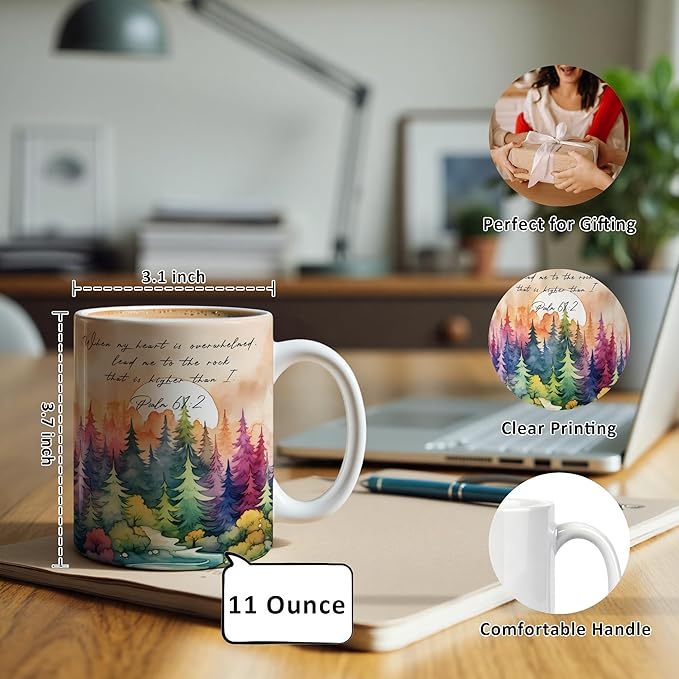 Inspirational Christian Mug 11 oz, When My Heart Is Overwhelmed Psalm 61:2 Bible Verse Coffee Cups Ceramic, Watercolor Forest Religious Ceramic Mug for Coffee Tea Hot Cocoa Home Office Work