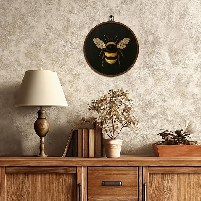 KLYTINK Vintage Bee Round Wall Art,Botanical Insect Canvas Print with Frame, Bee Dark Floral Naturalist Decor for Kitchen, Study, or Bedroom 10''x10'' (bee-01)