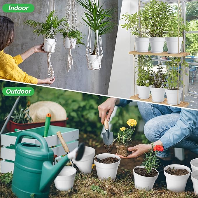 16 Pack Plastic Plant Pots with Drainage Holes and Tray, 4 inch Thickened Indoor Planters Seedlings Nursery Pots for Flowers, African Violet, Succulent and All House Plants, White