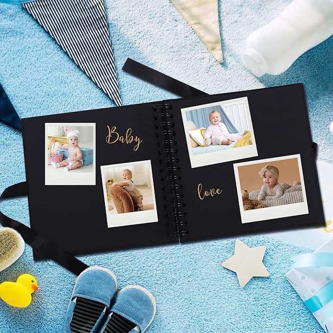BINBE 8 x 8 Inch Letters to The Baby Scrapbook DIY Blank Paper Album Memory Book for Kids Sign with Pearl Scrapbook Photo Stickers, Metallic Letters, Bows (Black)