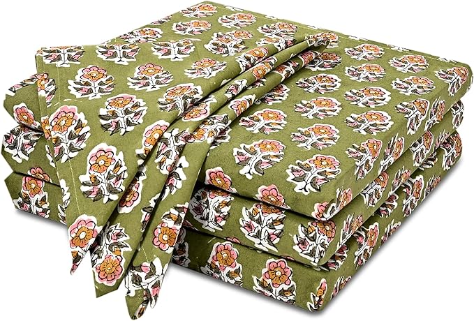 CPC Cloth Napkins 100% Cotton Set of 4 Reusable Napkins, Indian Block Print Toile Floral Dinner Napkin, Fall Thanksgiving Christmas Holiday Party Gift - Soft Absorbent Napkin, 18"x18" Jade Green