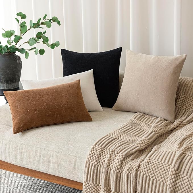 Foindtower Pack of 2 Soft Textured Chenille Throw Decorative Pillow Covers Square Accent Solid Cushion Cover Cozy Farmhouse Pillow Case with Zipper for Couch Sofa Bedroom Living Room 16x16 Inch, Black