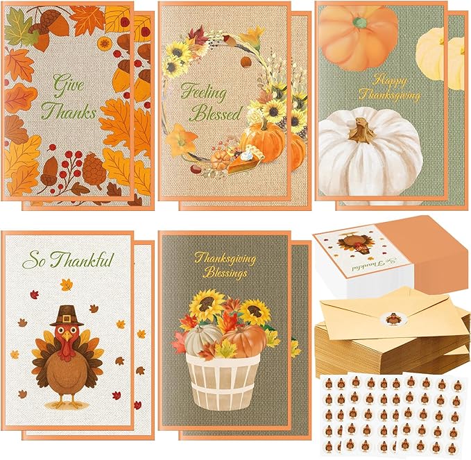 100 Pack Thanksgiving Cards with Envelopes and Stickers Fall Greeting Cards Assortment 5 Designs Fall Leaves Turkey Pumpkin Holiday Harvest 4 x 6 Blank Notes Religious Party Supply