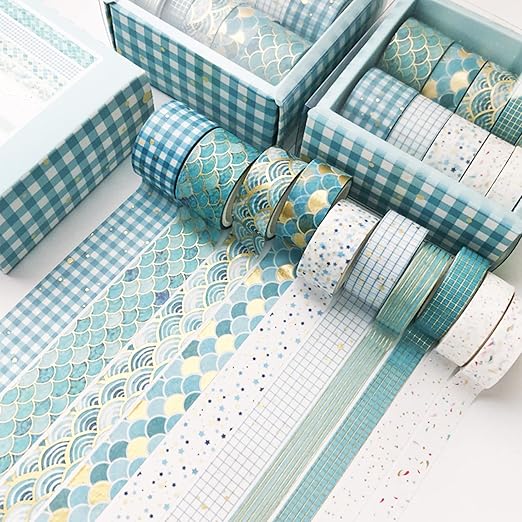 YUBX Creative Washi Tape Set 10 Rolls Gold Foil Print Decorative Masking Tapes for Arts, DIY Crafts, Journals, Planners, Scrapbook, Wrapping (Blue Melody)
