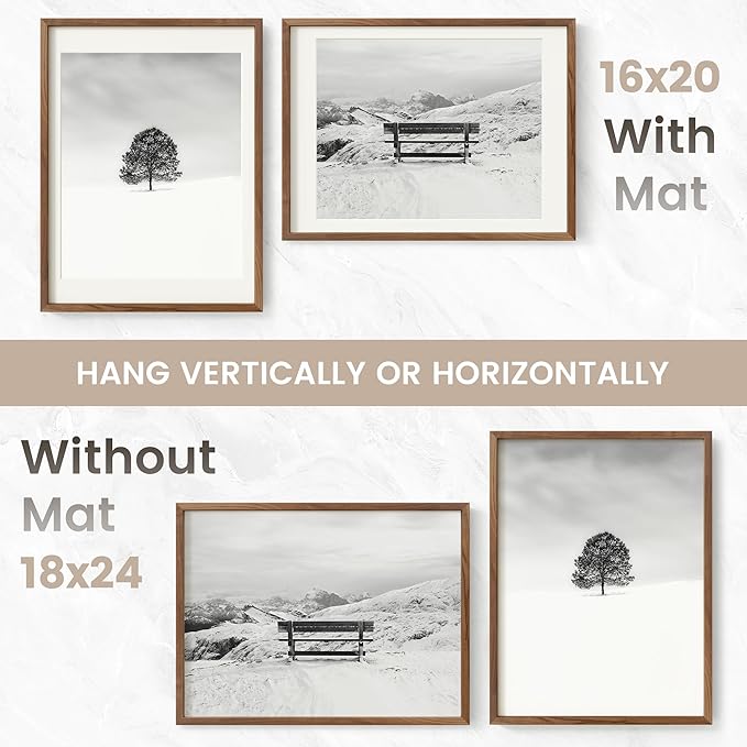 18x24 Poster Frame, USA-Sourced Natural Walnut Wood Picture Collage Frame with HD Tempered Glass, Modern Simple 18 x 24 Wooden Photo Frame Matted to 16x20, Vertical & Horizontal Wall Hanging Display