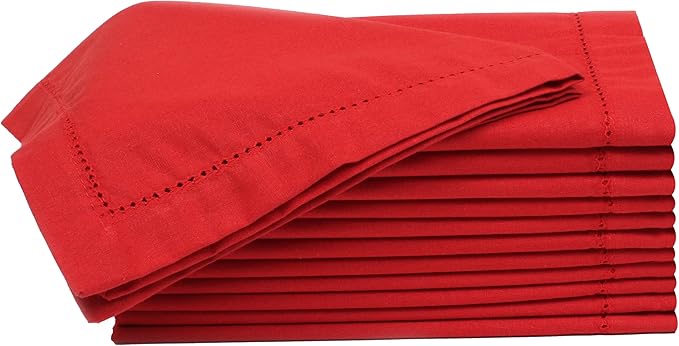 Lightnpro Hemstitched Cotton Napkins Set of 12 - Dinner Napkins, Washable Fabric Table Linens, Holiday, Christmas & Special Occasion Napkins, Elegant Cloth Napkins for Dining - 18x18 Inch Red