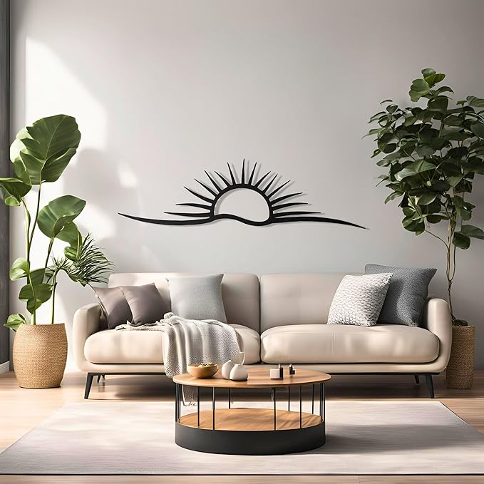 pluviart Sunrise & Wave Metal Wall Art – Modern Sun Wall Decor for Living Room, Minimalist Large Wall Hanging, Home Decoration – Gift for Him, Christmas Gift (50"x14")