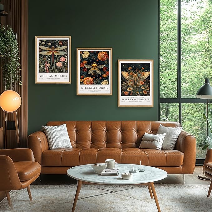 Hianan William Morris Animal Botanical Canvas Wall Art, Vintage Dragonfly Bee Butterfly Poster Prints, Maximalist Nature Flower Aesthetic Pictures for Living Room Bedroom Wood Framed 16"x24"x3