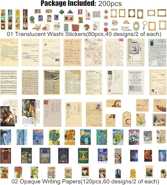 200PCS Vintage Scrapbooking Supplies Kit for Journaling,Bullet Journals Junk Journal Planners Aesthetic Cottagecore Room Decor Wall Art Collage Album(Artistic)