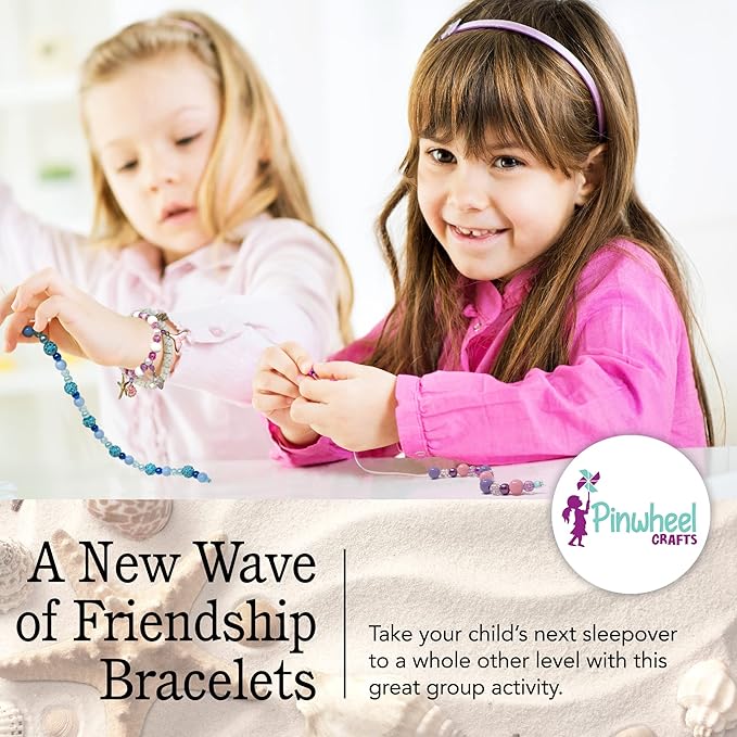 Pinwheel Crafts Mermaid Charm Bracelet Making Kit with Storage Case - DIY Kids Bracelet Making Kit for Girls 8-12 - Birthday Gift & Craft Supplies with Beads and Ocean Charms