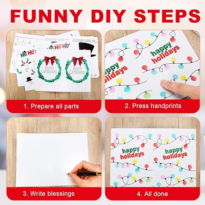 48 Sets Christmas Cards Making Crafts Kits 4 x 6 Inch DIY Thumbprint Christmas Crafts with Ink Pad Fingerprint Make Your Own Folded Greeting Card Making Kit for Xmas Gifts Fun Home Activity