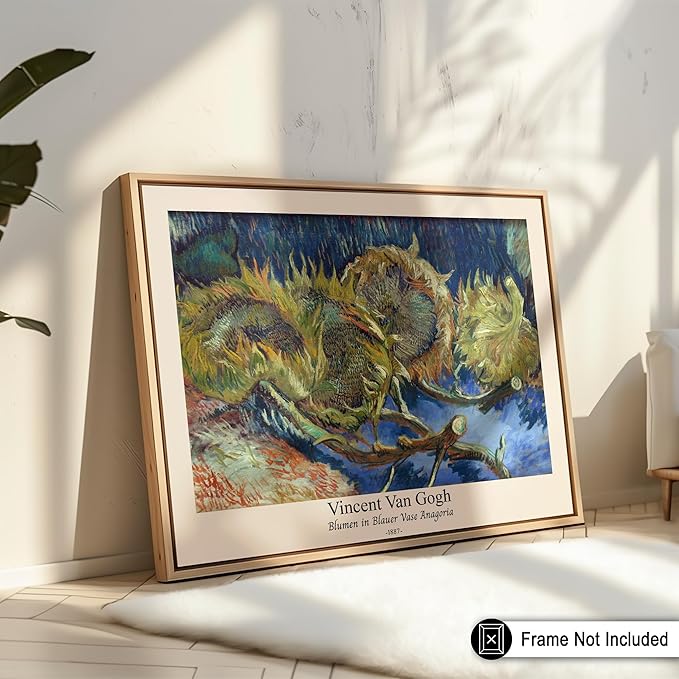Monem Art Vintage Van Gogh Poster - Retro Blumen in Blauer Vase Anagoria Print - Sunflower Art - Impressionism Art - Fine Art - Classic Painting Art - Bedroom Wall Decor - 16x20 UNFRAMED Wall Art