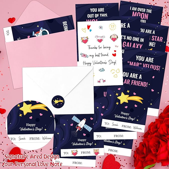 TICIAGA 144pcs Valentine’s Day Space Greeting Cards with Envelop and Sticker for Kid, 4 x 6 IN Planet Galaxy Notecard Exchange Gift for Boy Girl School Classroom Supply, Valentines Galaxy Party Favor