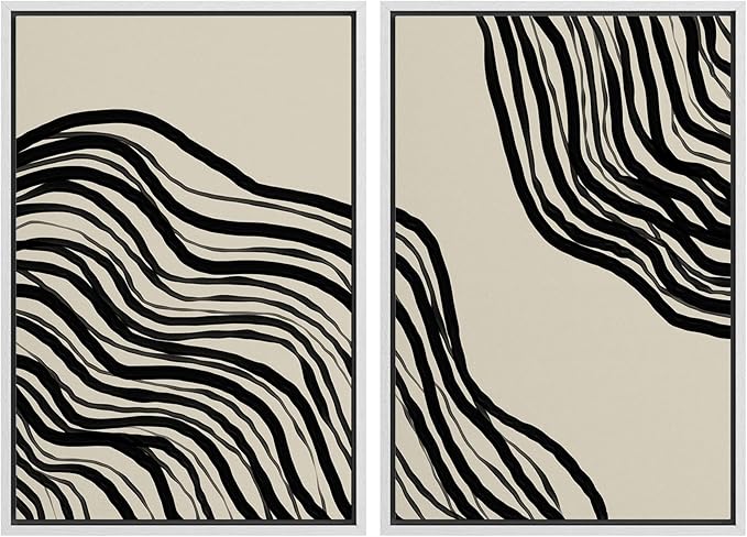 SIGNWIN Framed Canvas Print Wall Art Set Dark Geometric Spiral Wave Collage Abstract Shapes Cozy Neutral Modern Art Minimalism Decorative Nordic for Living Room, Bedroom, Office - 24"x36"x2 White
