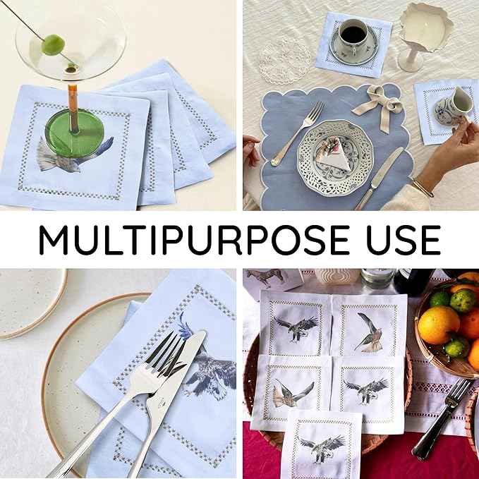Cocktail Napkins Set of 6, 6x6 inch, 100% Pure Cotton, Printed Animal Pattern, Reusable & Washable Cloth Coasters for Beverages, Hosting, Gifting & Everyday Use (Eagle - White)
