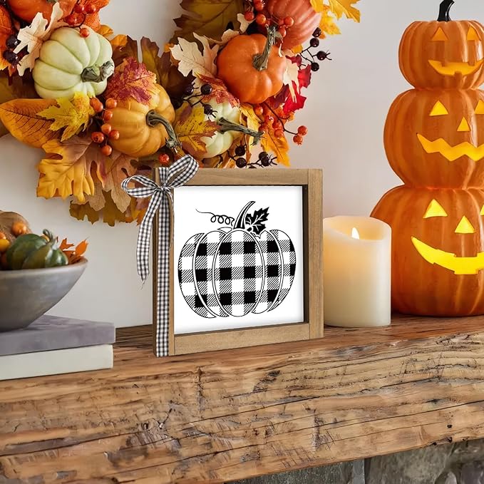 Black and White Checkered Pumpkin Sign, Wooden Fall Halloween Thanksgiving Decorative Signage Plaques Decor, Indoor Table Shelf Tiered Tray Desk Wall Art Rustic Farmhouse Home Decorations
