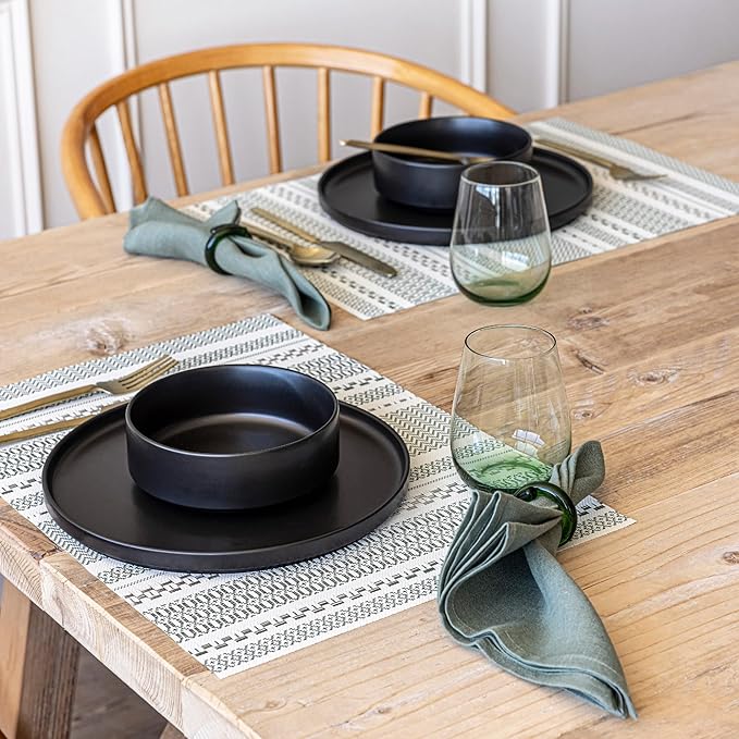 Over&Back Set of 4 Reversible Woven Placemats - Colorful Dining Room Table Mat - UVA/UVB-Proof Polypropylene - Indoor and Outdoor Kitchen and Home Decor - Striped - Green - Rectangle
