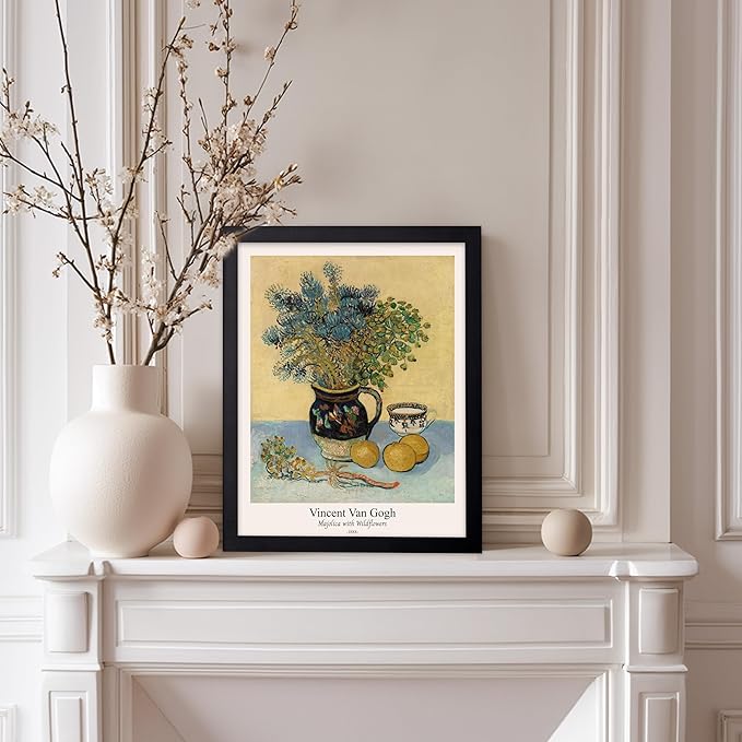 Monem Art Vintage Van Gogh Poster - Retro Majolica with Wildflowers Print - Impressionism Art - Flower Art - Fine Art - Classic Painting Art - Floral Living Room Decor - 8x10 Black Framed