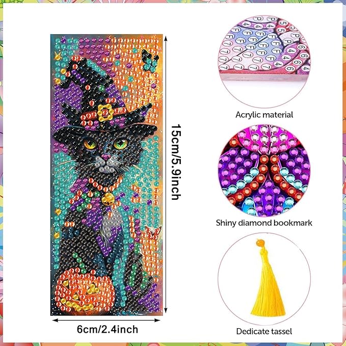 Puraikcmi 6 PCS 5D DIY Diamond Art Bookmarks Kit Cats Diamond Paintings Bookmarks Kits with Tassels Acrylic, Rhinestone Crafts Decoration Gift Set for Book Lovers Beginners & Adults