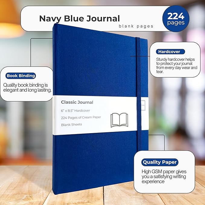 Portage Blank Hardcover Aesthetic Notebook Writing Journal – Bleed-Proof Paper Notepad for Journaling, High GSM, A5 Notebook, Cream Pages - Navy Blue, 6 x 8.5 Inches, 224 Pages