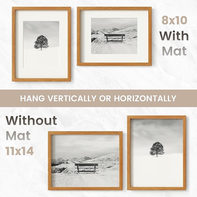 11x14 Picture Frame, USA-Sourced Natural Teak Wood Photo Collage Frame with HD Tempered Glass, Modern Simple 11 x 14 Wooden Frame Matted to 8x10, Vertical & Horizontal Wall Hanging Display
